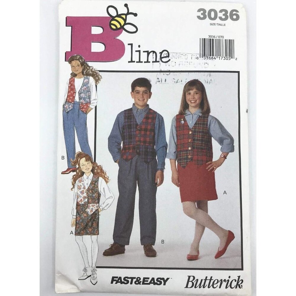 Butterick Sewing Pattern 3036 Vest Skirt Pants Boys Girls Size 7-14